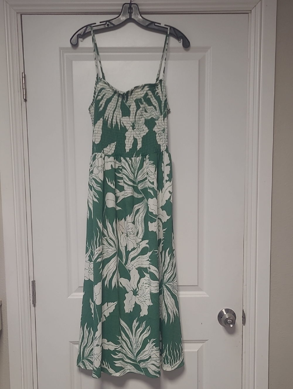 H&M Green and White Floral Maxi Dress with Smocked Bodice